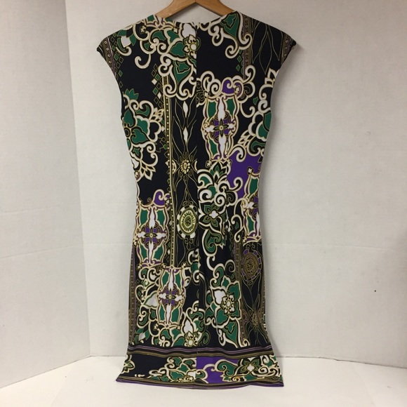 Cache Purple Green Print Sleeveless V Neck Dress 2 - Picture 7 of 11